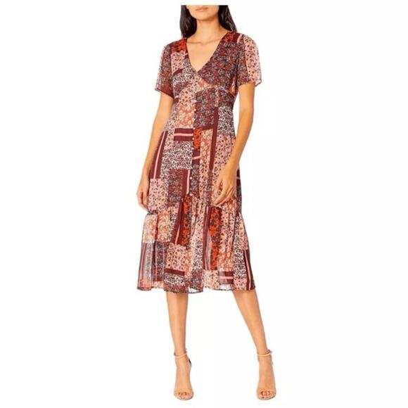 NANETTE LEPORE Sangria Print Patchwork Ruffle Hem Tie Back Midi Dress Size 10 - Picture 1 of 14
